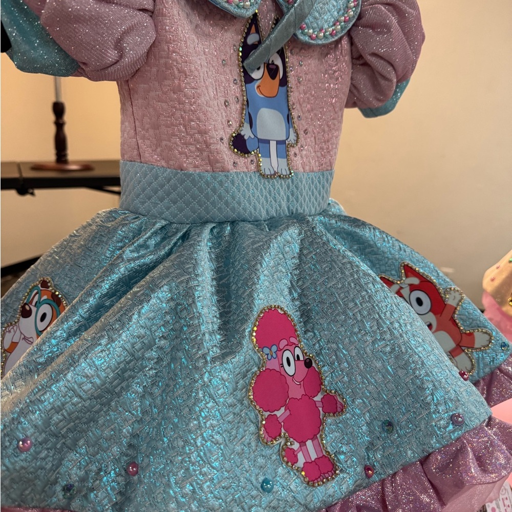 Kids Formal Dress with Cartoon Characters -  pink and blue Bluey dress